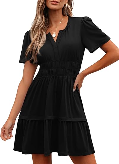 Damen Sommer-Minikleid, lässig, kurzärmelig, V-Ausschnitt, gesmoktes Taillenkleid, fließend, gestuft, kurz, Strand-/Urlaubskleider
