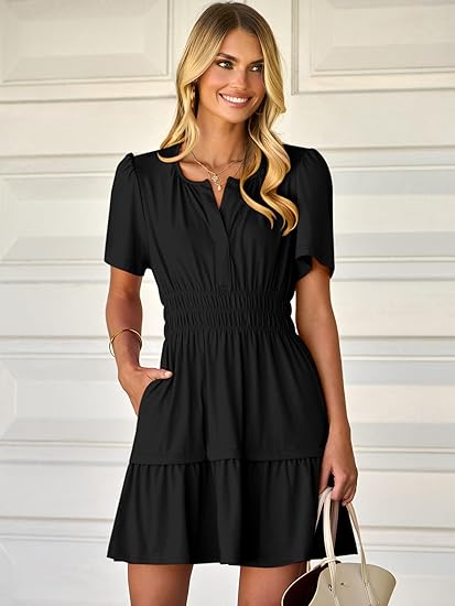 Damen Sommer-Minikleid, lässig, kurzärmelig, V-Ausschnitt, gesmoktes Taillenkleid, fließend, gestuft, kurz, Strand-/Urlaubskleider