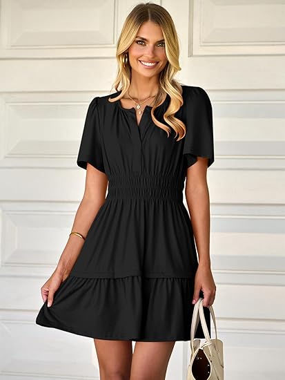 Damen Sommer-Minikleid, lässig, kurzärmelig, V-Ausschnitt, gesmoktes Taillenkleid, fließend, gestuft, kurz, Strand-/Urlaubskleider