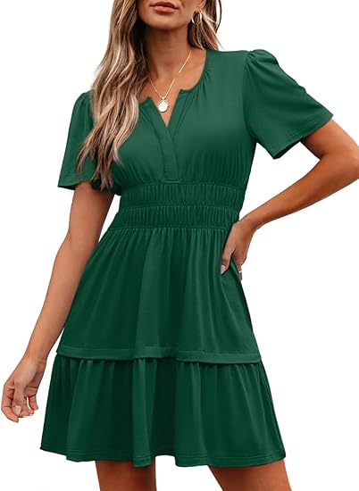 Damen Sommer-Minikleid, lässig, kurzärmelig, V-Ausschnitt, gesmoktes Taillenkleid, fließend, gestuft, kurz, Strand-/Urlaubskleider