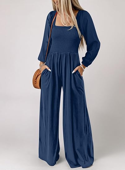 Women's Casual Loose Overalls Jumpsuits One Piece Long Sleeve Wide Leg Long Pant Rompers With Pockets