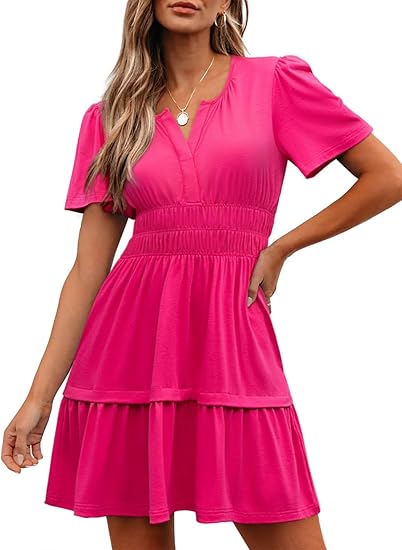 Damen Sommer-Minikleid, lässig, kurzärmelig, V-Ausschnitt, gesmoktes Taillenkleid, fließend, gestuft, kurz, Strand-/Urlaubskleider