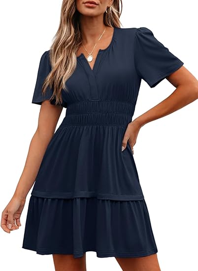 Damen Sommer-Minikleid, lässig, kurzärmelig, V-Ausschnitt, gesmoktes Taillenkleid, fließend, gestuft, kurz, Strand-/Urlaubskleider