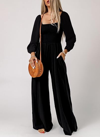 Women's Casual Loose Overalls Jumpsuits One Piece Long Sleeve Wide Leg Long Pant Rompers With Pockets