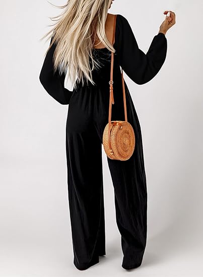 Women's Casual Loose Overalls Jumpsuits One Piece Long Sleeve Wide Leg Long Pant Rompers With Pockets