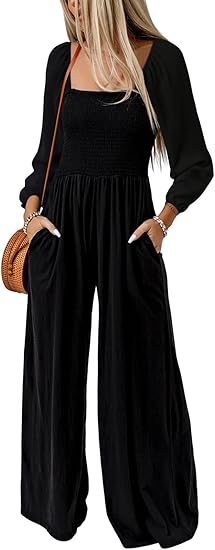 Women's Casual Loose Overalls Jumpsuits One Piece Long Sleeve Wide Leg Long Pant Rompers With Pockets