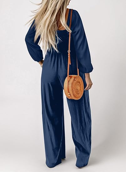 Women's Casual Loose Overalls Jumpsuits One Piece Long Sleeve Wide Leg Long Pant Rompers With Pockets