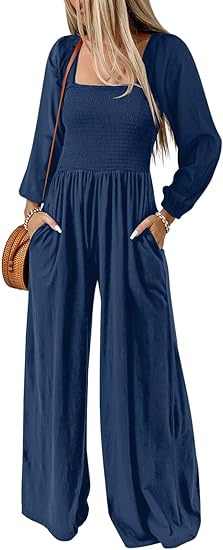 Women's Casual Loose Overalls Jumpsuits One Piece Long Sleeve Wide Leg Long Pant Rompers With Pockets