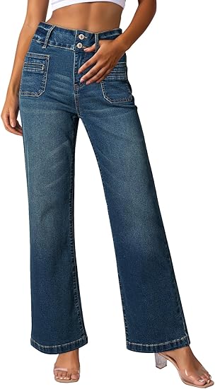 Womens High Waisted Tummy Control Jeans 2025 Stretchy Straight Wide Leg Pockets Front Bootcut Zimbaplatinum Jeans