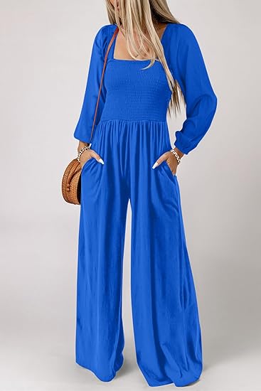 Women's Casual Loose Overalls Jumpsuits One Piece Long Sleeve Wide Leg Long Pant Rompers With Pockets