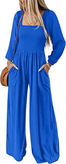 Women's Casual Loose Overalls Jumpsuits One Piece Long Sleeve Wide Leg Long Pant Rompers With Pockets