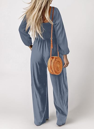 Women's Casual Loose Overalls Jumpsuits One Piece Long Sleeve Wide Leg Long Pant Rompers With Pockets