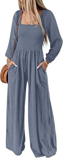 Women's Casual Loose Overalls Jumpsuits One Piece Long Sleeve Wide Leg Long Pant Rompers With Pockets