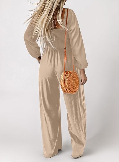 Women's Casual Loose Overalls Jumpsuits One Piece Long Sleeve Wide Leg Long Pant Rompers With Pockets