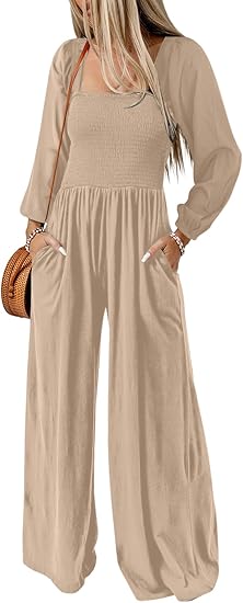 Women's Casual Loose Overalls Jumpsuits One Piece Long Sleeve Wide Leg Long Pant Rompers With Pockets